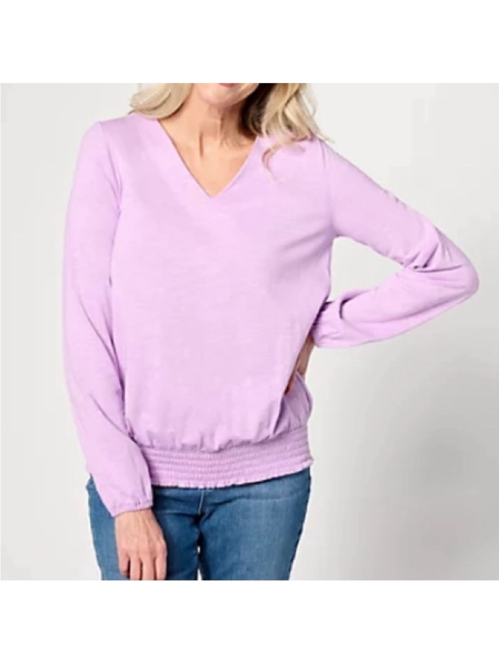 Belle by Kim Gravel Slub Knit Smocked Waist V Neck Top - Lilac Dewberry Small